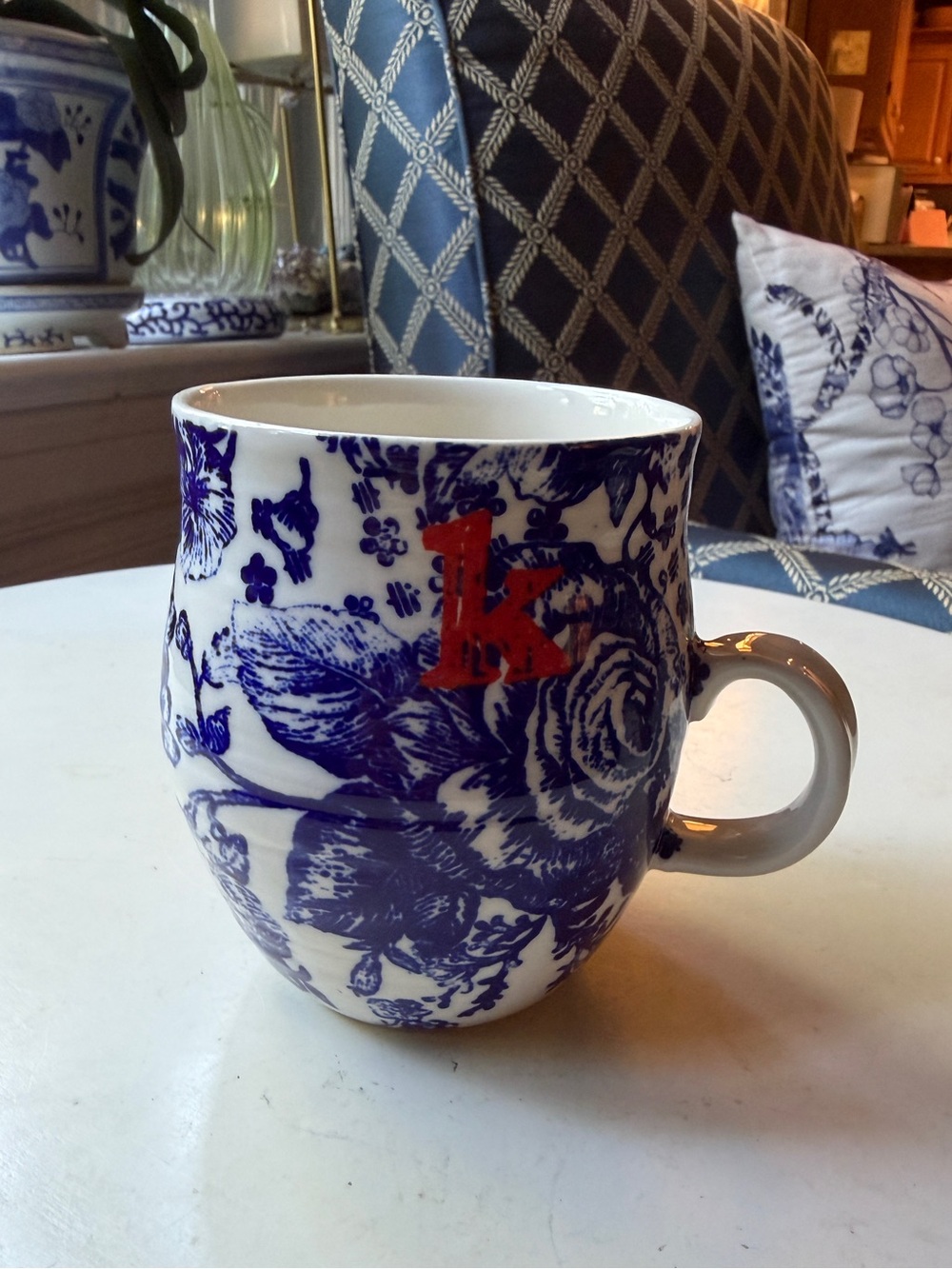 Anthropologie Homegrown K Monogram Blue and White Floral Ceramic Mug